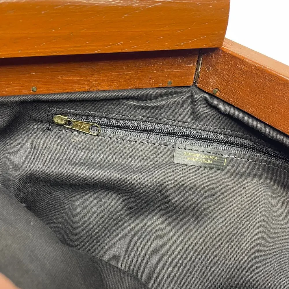 Vintage Black Suede Floral Leather Wood Handle Large Clutch Purse XC